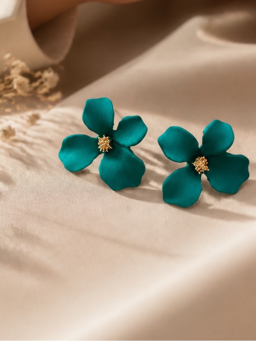 “Riya” Minimalist Cute Teal/Turquoise Gold Floral Stud Minimalist Cute Earrings
